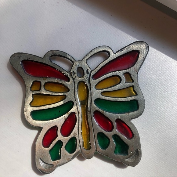 SOLD 1960s cast iron butterfly trivet - yellow red green - Picture 1 of 4